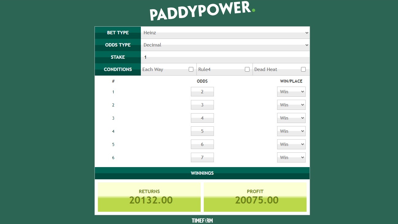 Paddy Power heinz bet calculator in decimal figures, with £1 stake and random odds input to 6 selections to show potential returns and profit